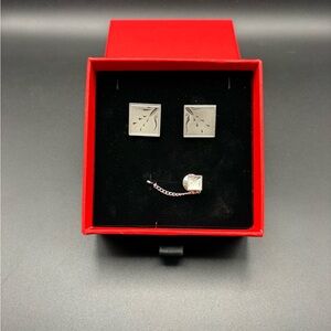 Vintage Engraved Floral Cufflinks Tie Tack Set Silver Tone Swank Formal Gift Men